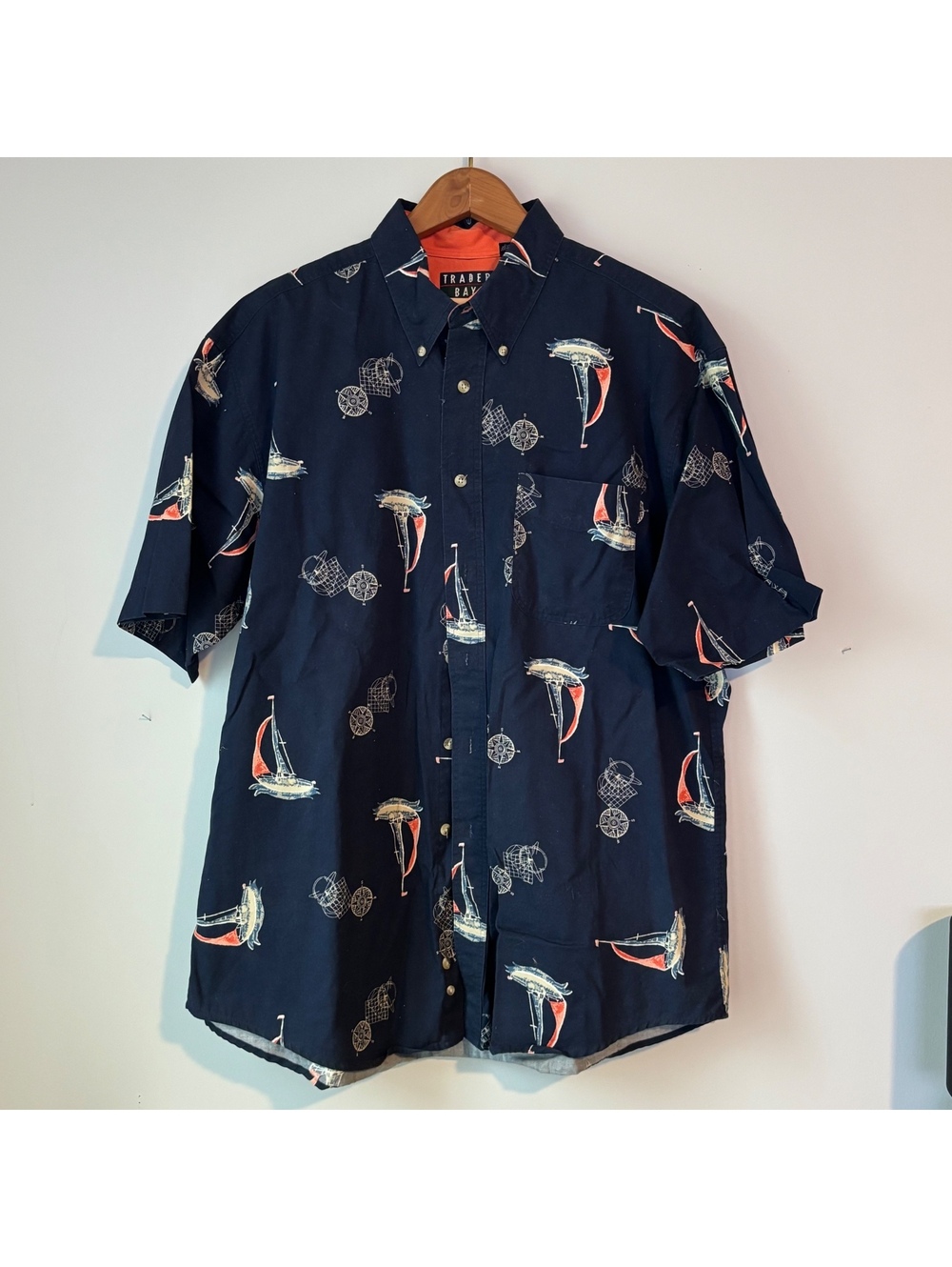 Trader Bay Sailboat Print Button Down Shirt Men's L Navy Nautical Compass
